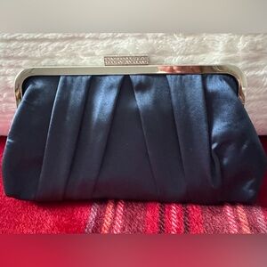 Elegant Navy Satin Pleated Clutch with Rhinestone Frame